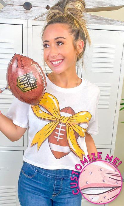 Custom Football Bow Rhinestone Graphic Crop Top T-Shirt