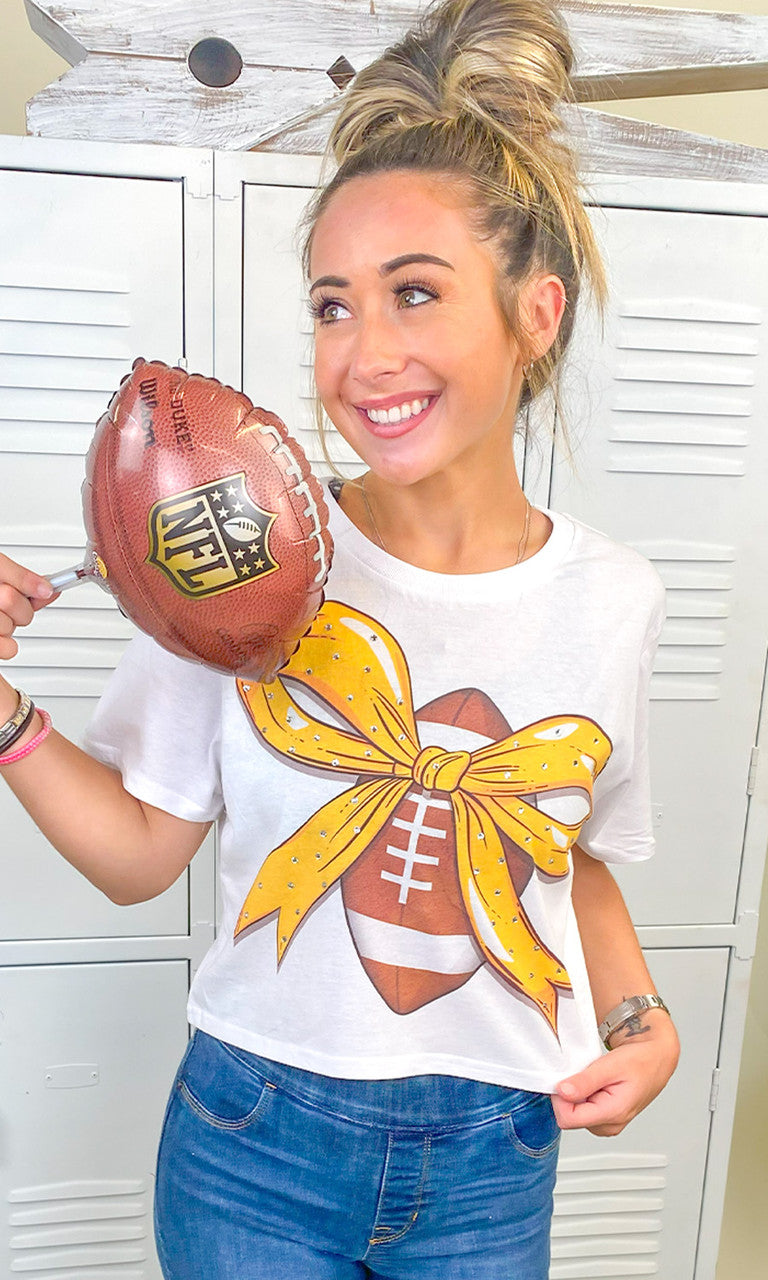 Custom Football Bow Rhinestone Graphic Crop Top T-Shirt