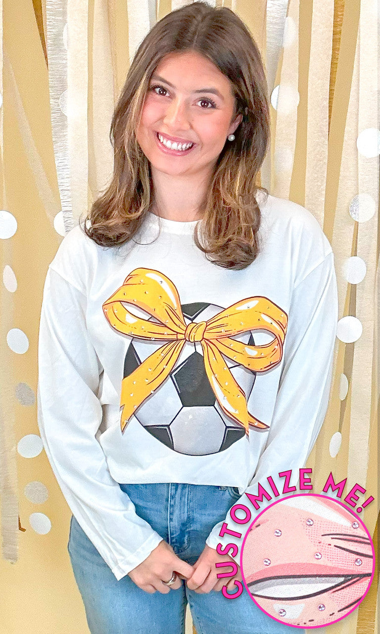 Custom Soccer Bow Rhinestone Graphic Long Sleeve T-Shirt