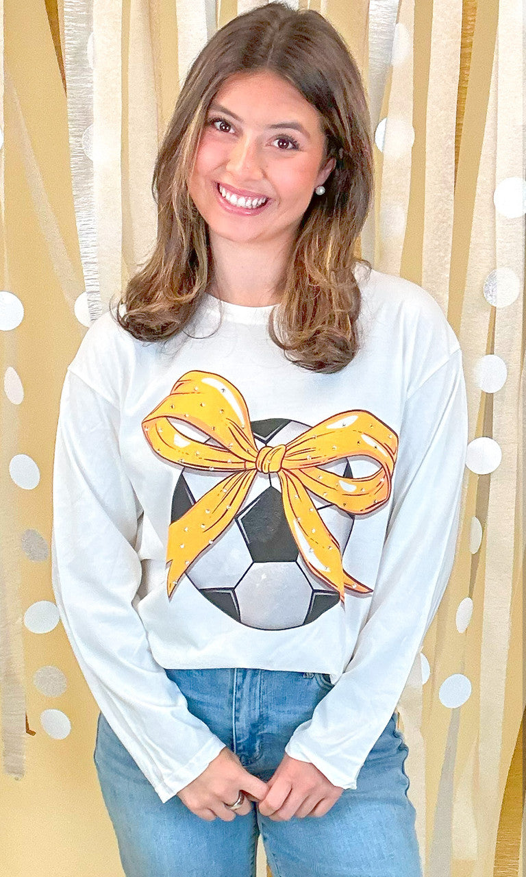 Custom Soccer Bow Rhinestone Graphic Long Sleeve T-Shirt