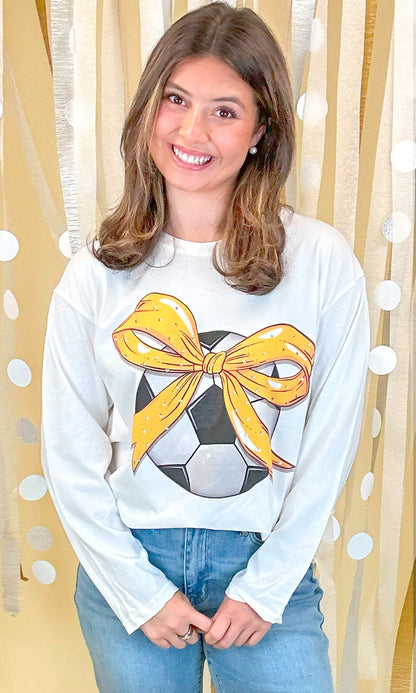 Custom Soccer Bow Rhinestone Graphic Long Sleeve T-Shirt
