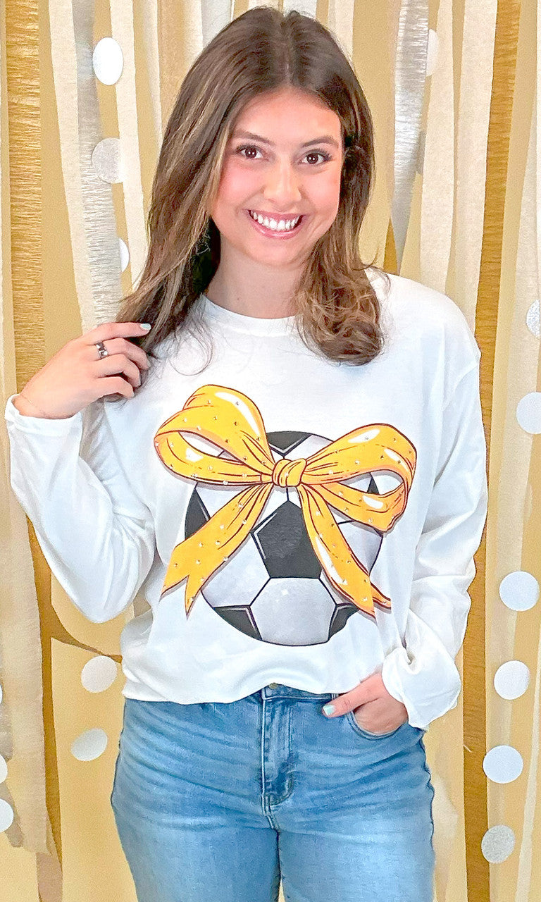 Custom Soccer Bow Rhinestone Graphic Long Sleeve T-Shirt