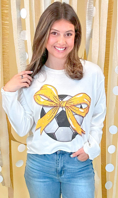 Custom Soccer Bow Rhinestone Graphic Long Sleeve T-Shirt