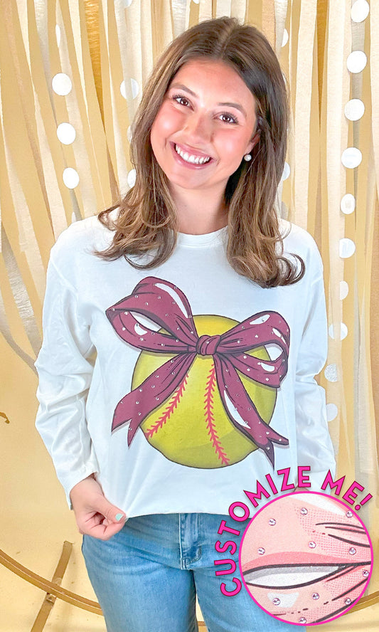 Custom Softball Bow Rhinestone Graphic Long Sleeve T-Shirt