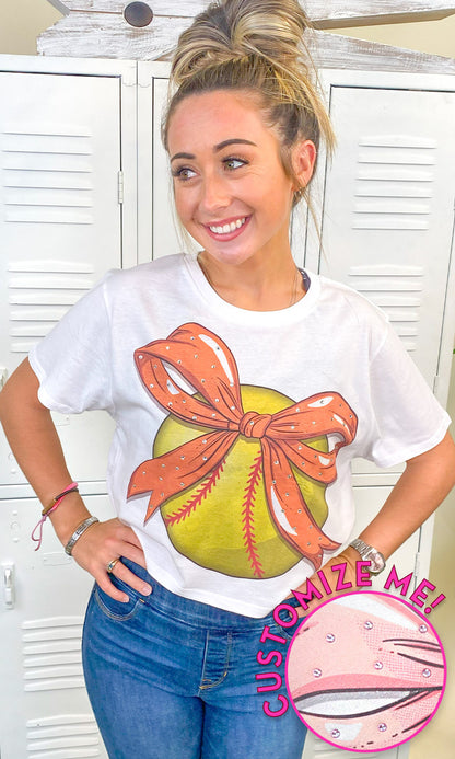 Custom Softball Bow Rhinestone Graphic Crop Top