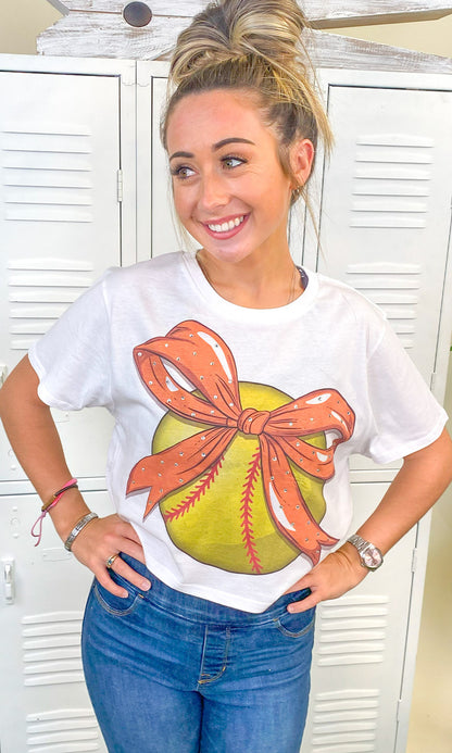 Custom Softball Bow Rhinestone Graphic Crop Top