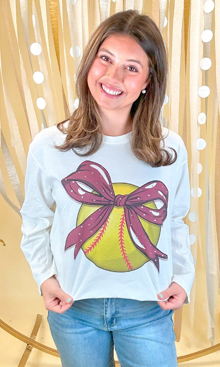 Custom Softball Bow Rhinestone Graphic Long Sleeve T-Shirt