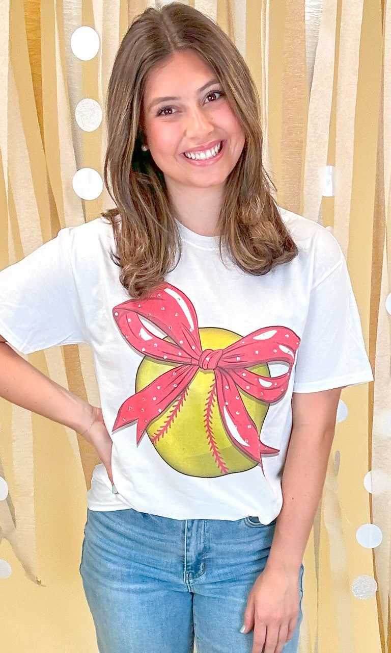 Custom Softball Bow Rhinestone Graphic T-Shirt