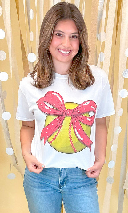 Custom Softball Bow Rhinestone Graphic T-Shirt
