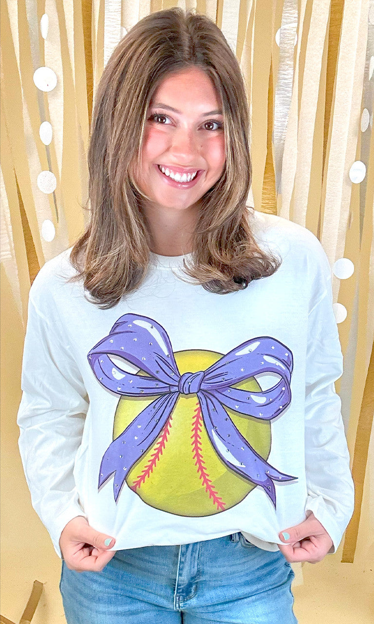 Custom Softball Bow Rhinestone Graphic Long Sleeve T-Shirt