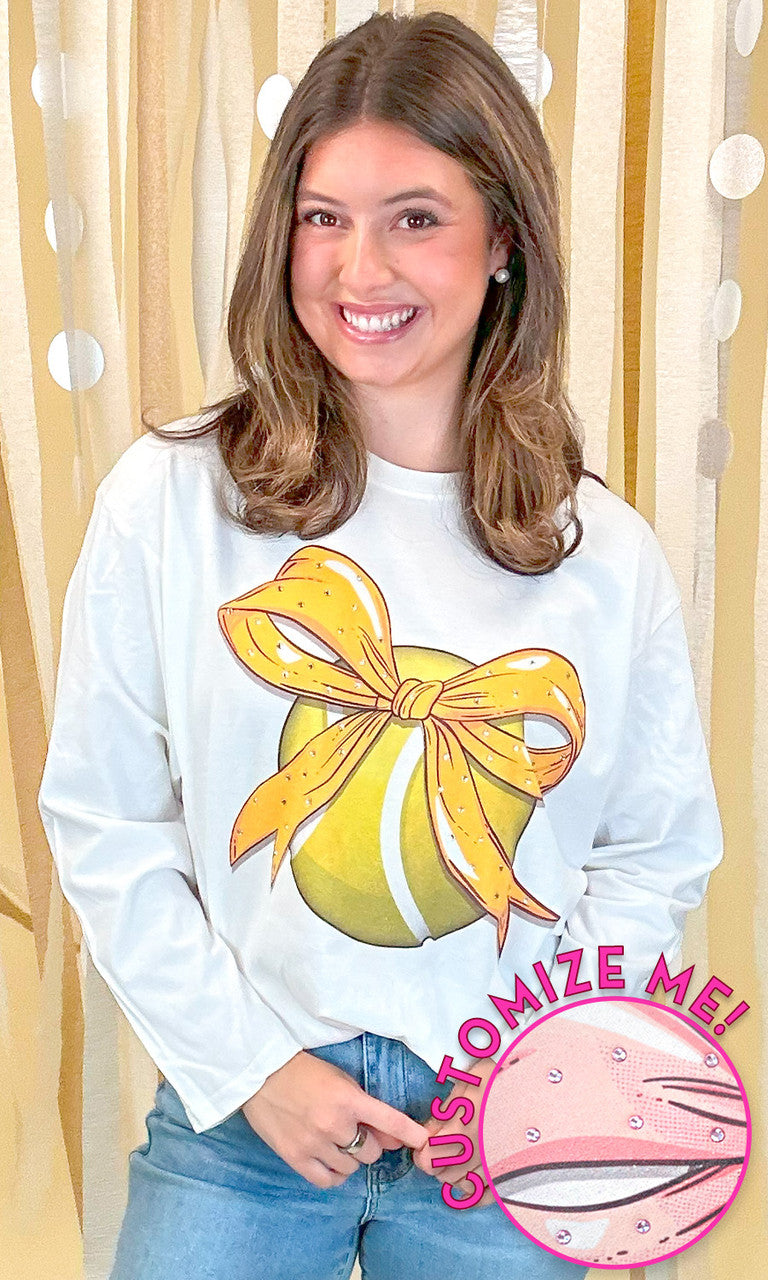 Custom Tennis Bow Rhinestone Graphic Long Sleeve T-Shirt