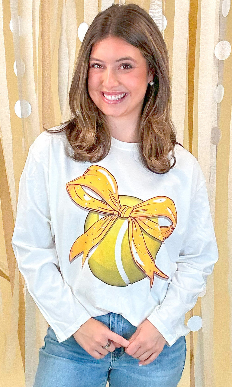 Custom Tennis Bow Rhinestone Graphic Long Sleeve T-Shirt