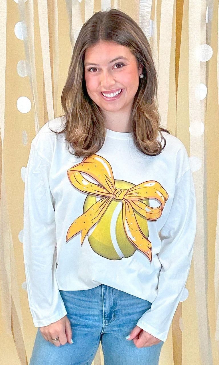 Custom Tennis Bow Rhinestone Graphic Long Sleeve T-Shirt
