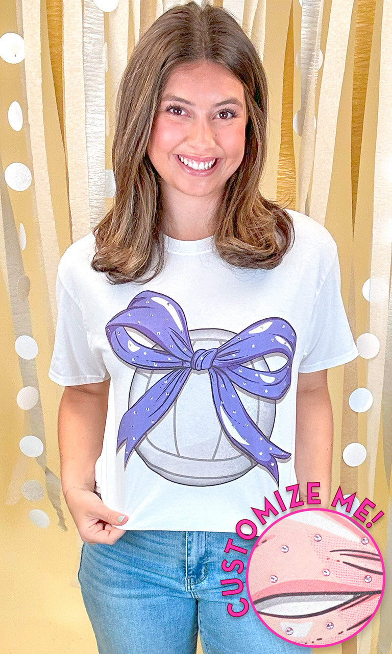 Custom Volleyball Bow Rhinestone Graphic T-Shirt