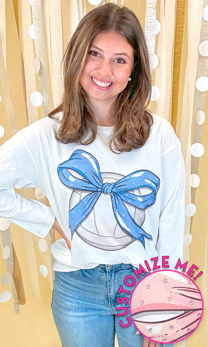 Custom Volleyball Bow Rhinestone Graphic Long Sleeve T-Shirt