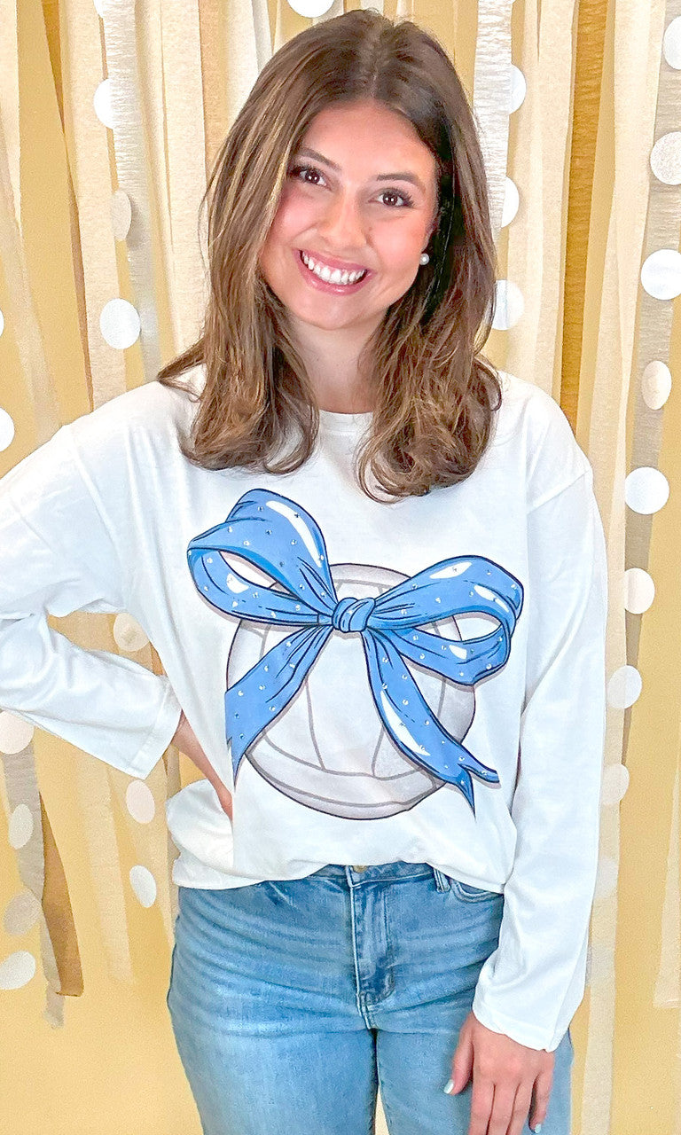 Custom Volleyball Bow Rhinestone Graphic Long Sleeve T-Shirt