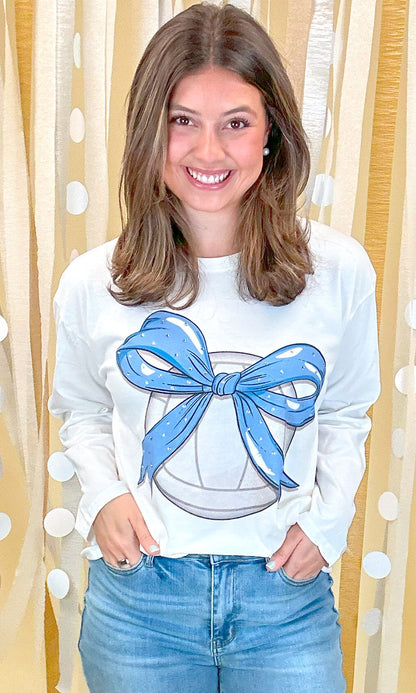 Custom Volleyball Bow Rhinestone Graphic Long Sleeve T-Shirt