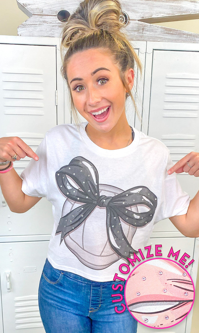 Custom Volleyball Bow Rhinestone Graphic Crop Top