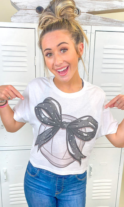 Custom Volleyball Bow Rhinestone Graphic Crop Top