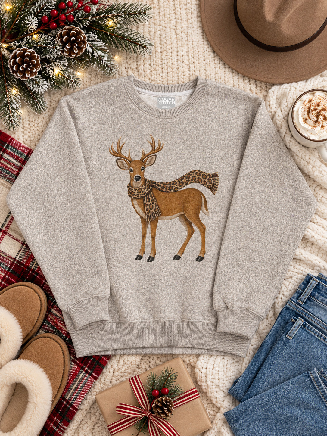 Deer Cheetah Scarf Graphic Nantucket Sweatshirt