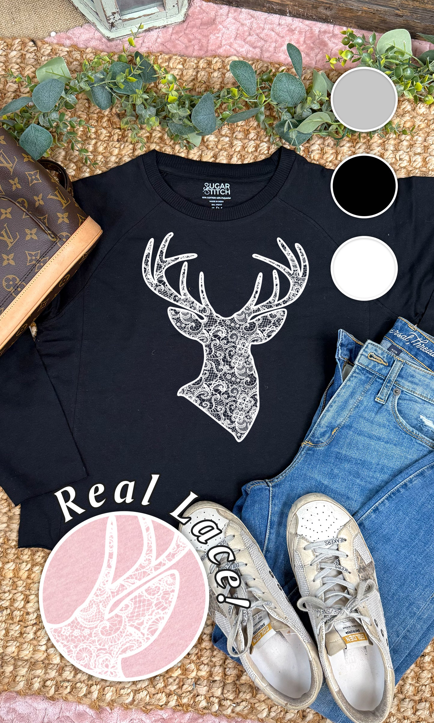 Deer Lace Graphic Long Sleeve Edgy Shirt
