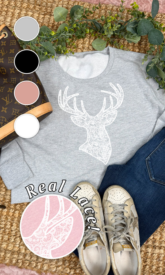 Deer Lace Graphic Cropped Sweatshirt