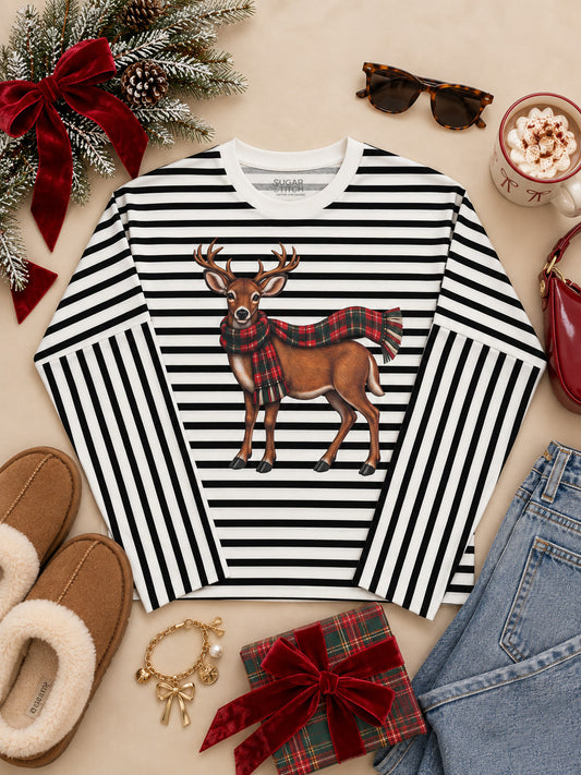 Deer Plaid Scarf Striped Edgy Long Sleeve Graphic Shirt