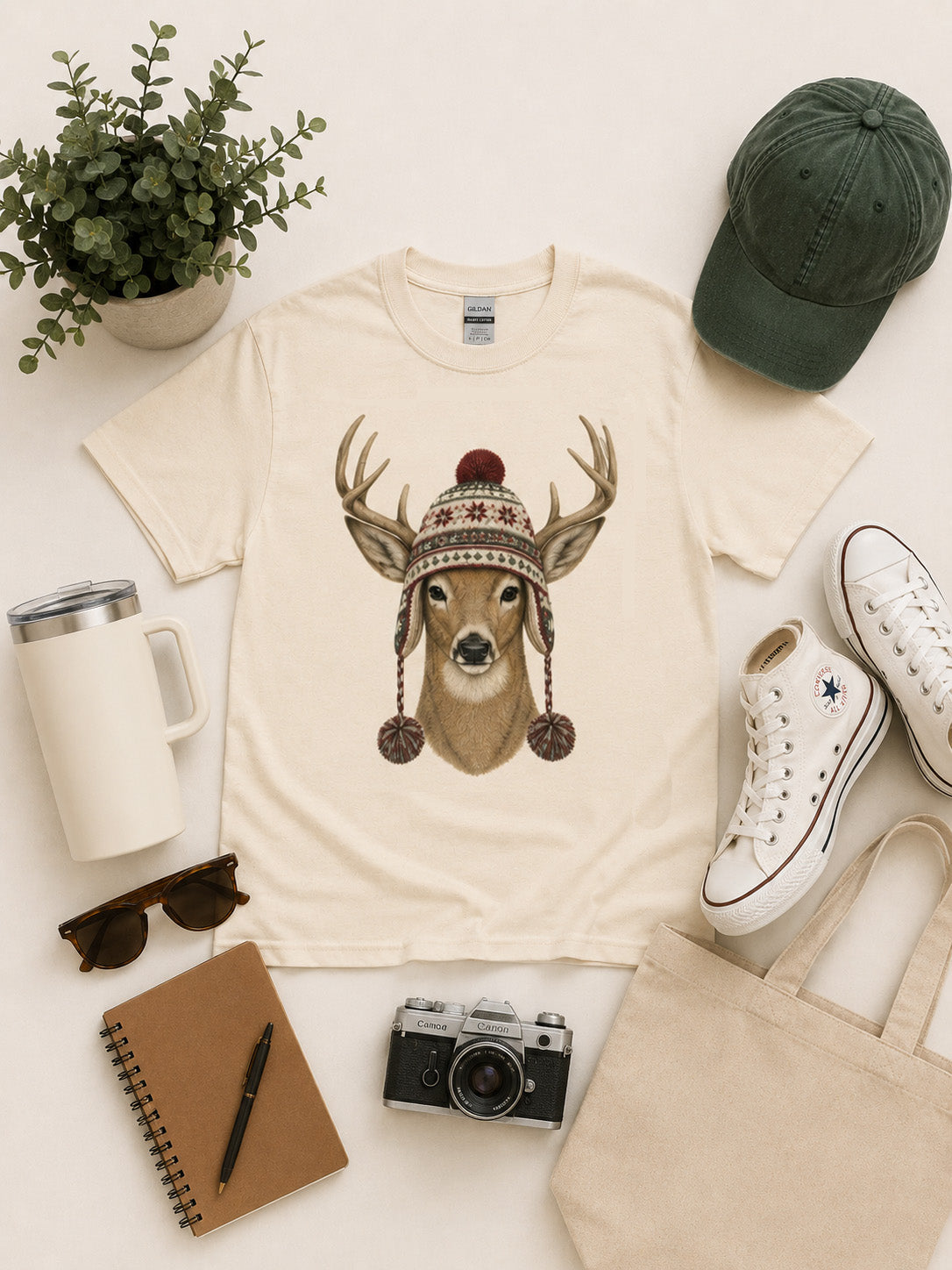 Deer Winter Hat Graphic T-Shirt