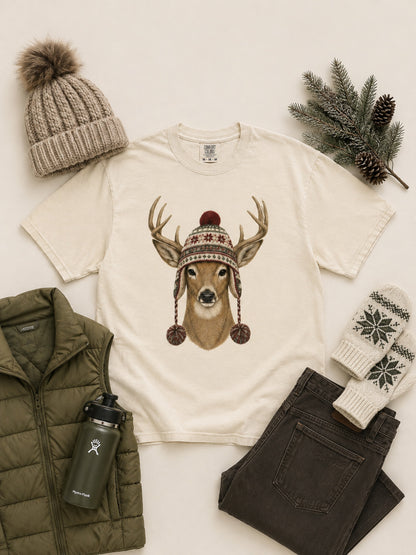 Deer Winter Hat Graphic Comfort Color T-Shirt