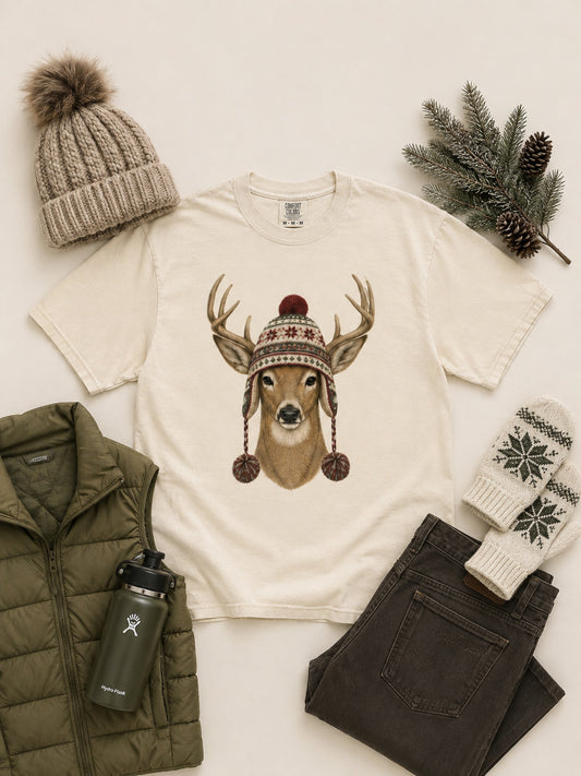Deer Winter Hat Graphic Comfort Color T-Shirt