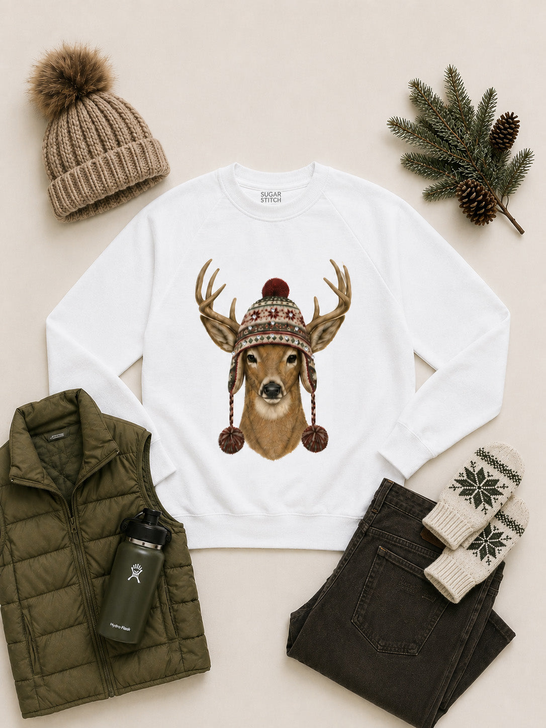 Deer Winter Hat Graphic Long Sleeve Edgy Shirt