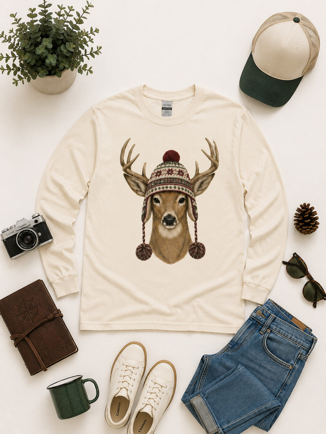 Deer Winter Hat Graphic Long Sleeve T-Shirt