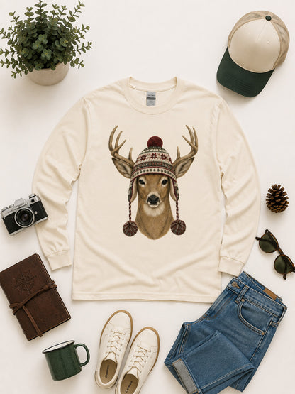 Deer Winter Hat Graphic Long Sleeve T-Shirt