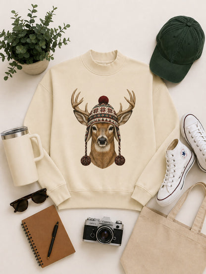 Deer Winter Hat Graphic Mock Neck Sweatshirt