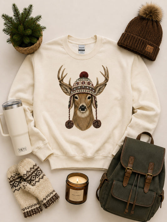Deer Winter Hat Graphic Sweatshirt