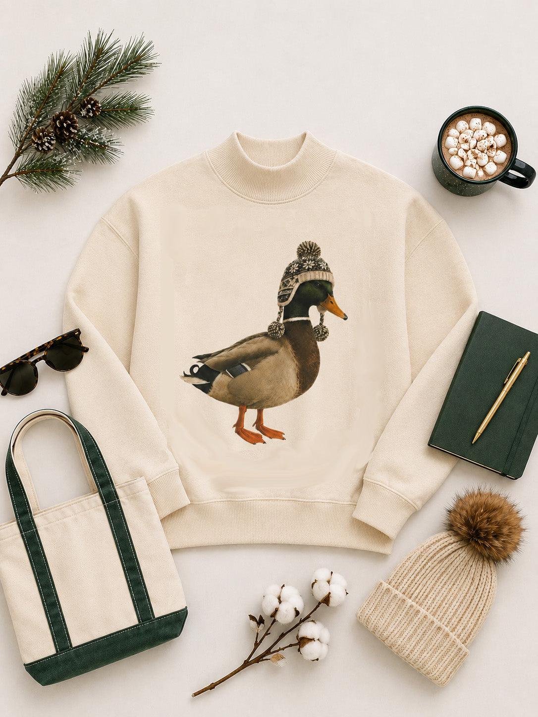 Duck Winter Hat Graphic Mock Neck Sweatshirt