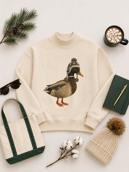 Duck Winter Hat Graphic Mock Neck Sweatshirt