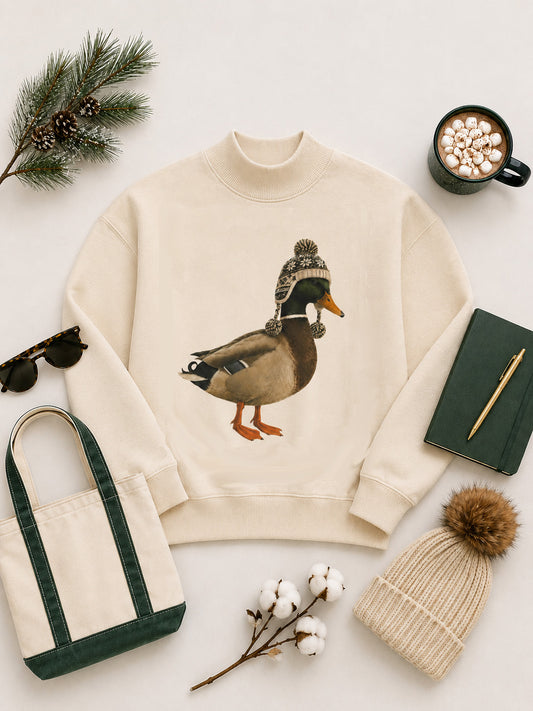 Duck Winter Hat Graphic Mock Neck Sweatshirt