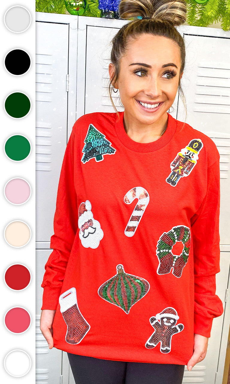 Festive Christmas Sparkle Sequin Long Sleeve Graphic T-Shirt