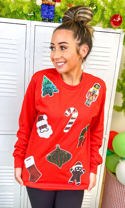 Festive Christmas Sparkle Sequin Long Sleeve Graphic T-Shirt