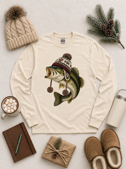 Fish Winter Hat Graphic Long Sleeve T-Shirt