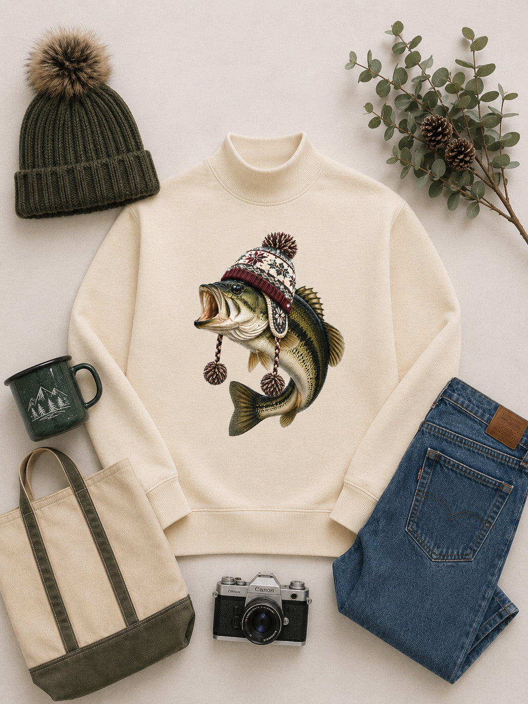 Fish Winter Hat Graphic Mock Neck Sweatshirt