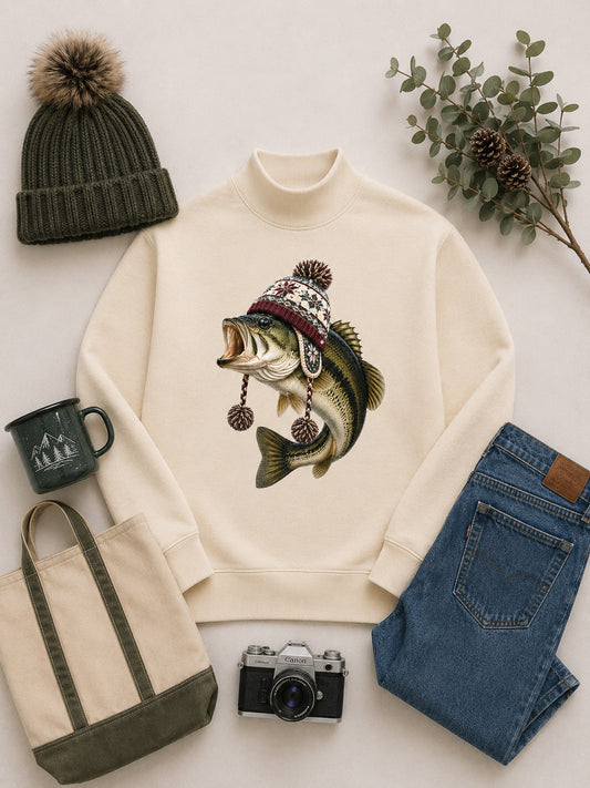 Fish Winter Hat Graphic Mock Neck Sweatshirt