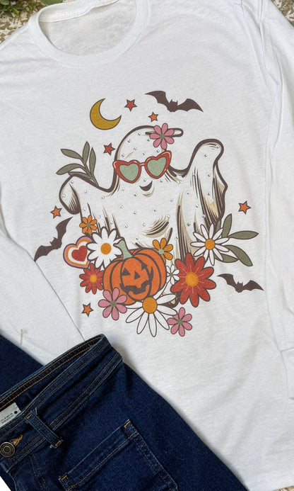Floral Ghost Rhinestone Graphic Long Sleeve Shirt
