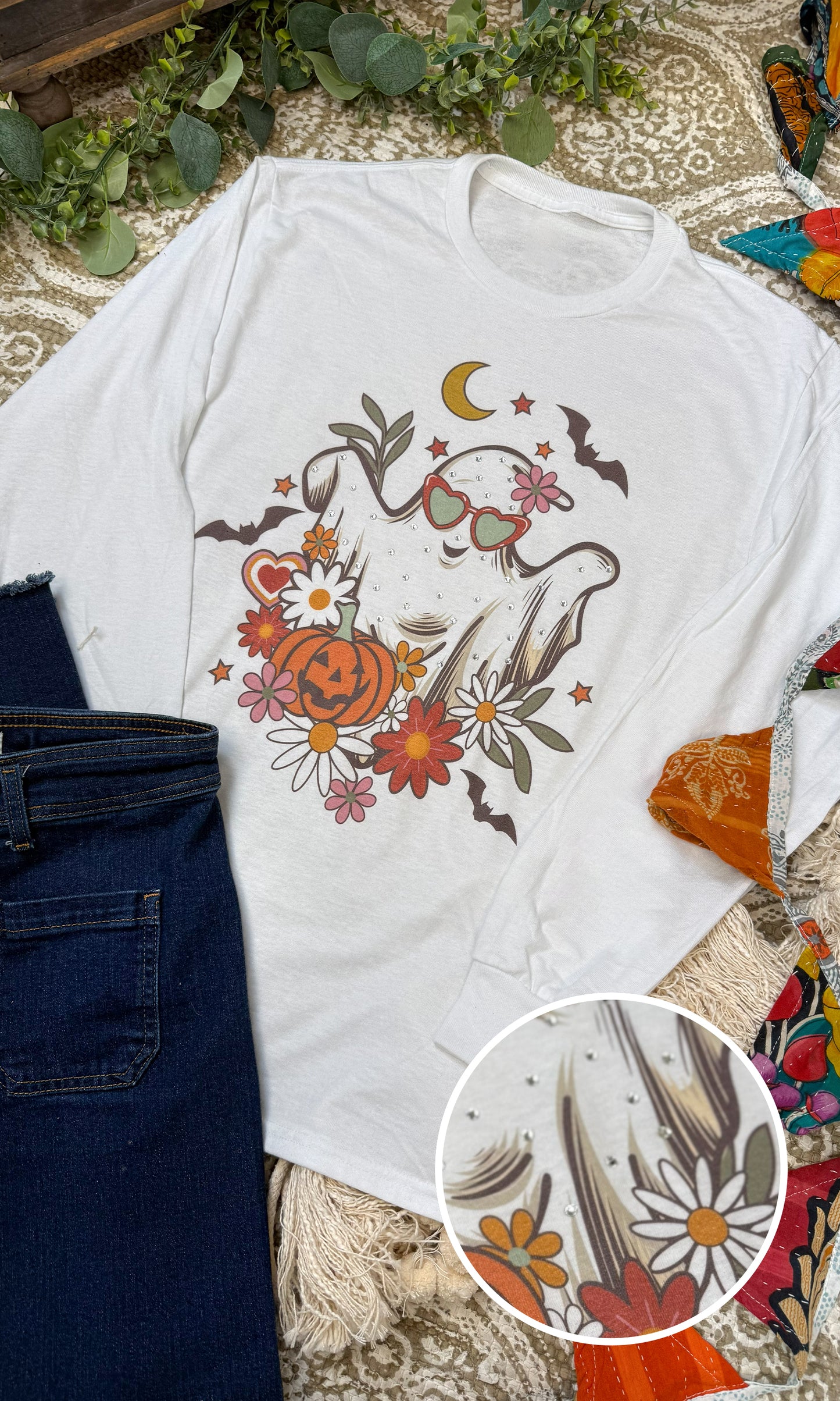 Floral Ghost Rhinestone Graphic Long Sleeve Shirt