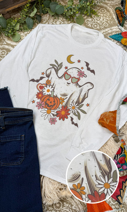 Floral Ghost Rhinestone Graphic Long Sleeve Shirt