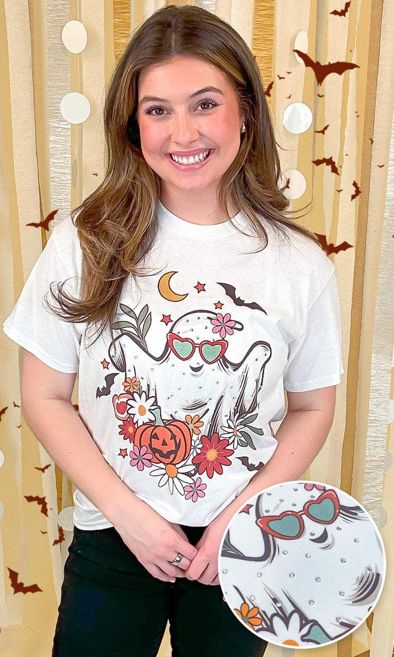 Floral Ghost Rhinestone Graphic Shirt