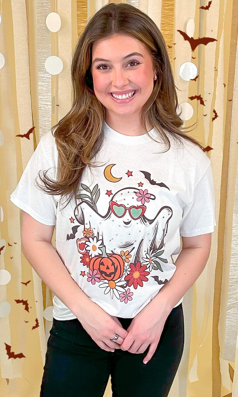 Floral Ghost Rhinestone Graphic Shirt