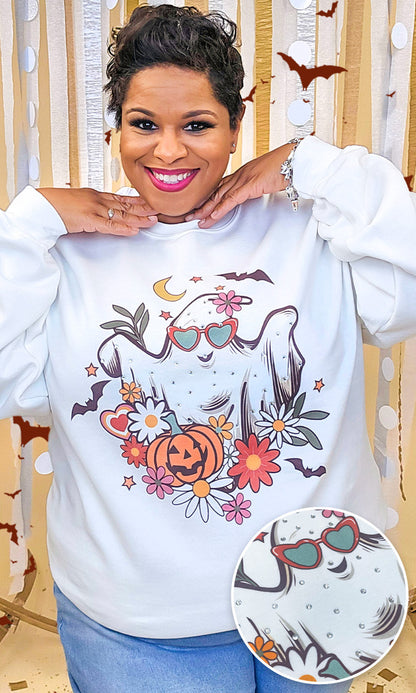Floral Ghost Rhinestone Graphic Sweatshirt