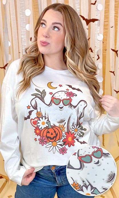 Floral Ghost Rhinestone Graphic Long Sleeve Shirt